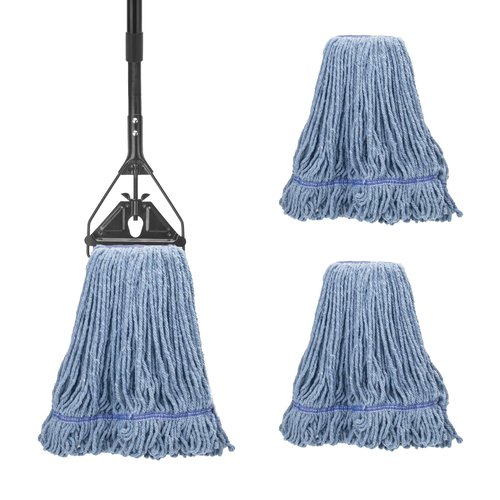 Commercial Industrial Mop for Floor Cleaning, 3 Extra Large Reusable Replacement Head with 59" Long Handle,Heavy Duty Looped-End String Wet Cotton Mop for House,Kitchen,Office,Garage,Tile Floor