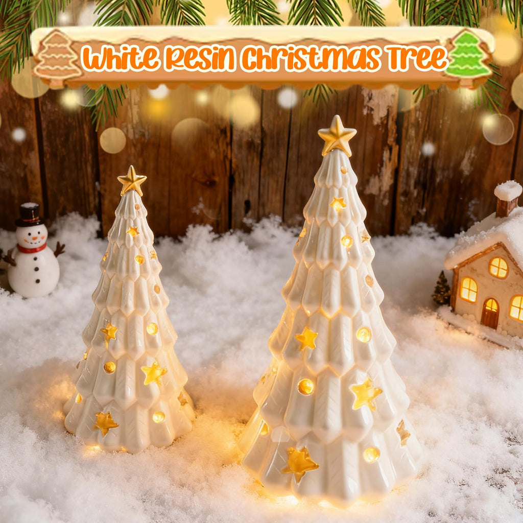 Wowagoga 2 Pcs White Christmas Tree Figurines, Small Xmas Tree with Glossy Finish Table Centerpiece Decor Stars and Dots Cutouts for Home Decoration