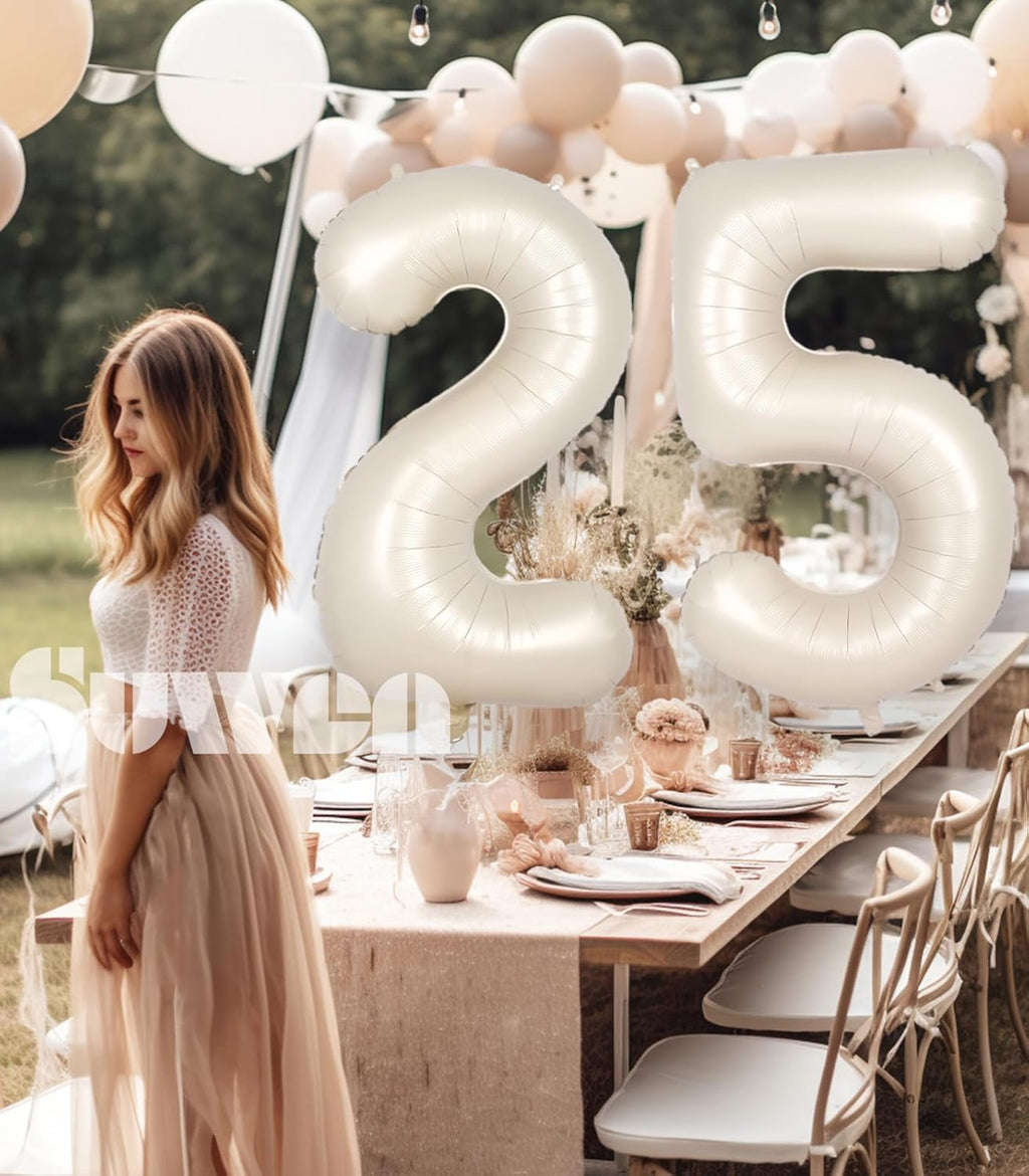 SUWEN Jumbo 25th Birthday Number Balloons - 40 Inch Cream White Foil Helium 0-9 Decorations