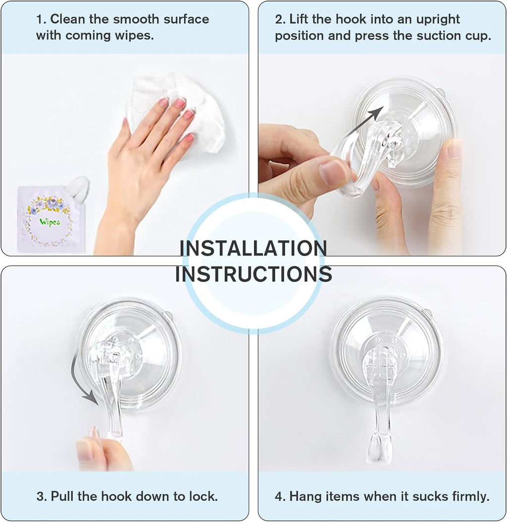 VIS'V Suction Cup Hooks - Heavy Duty Removable Shower Hooks | Clear, 4 Pack with Wipes