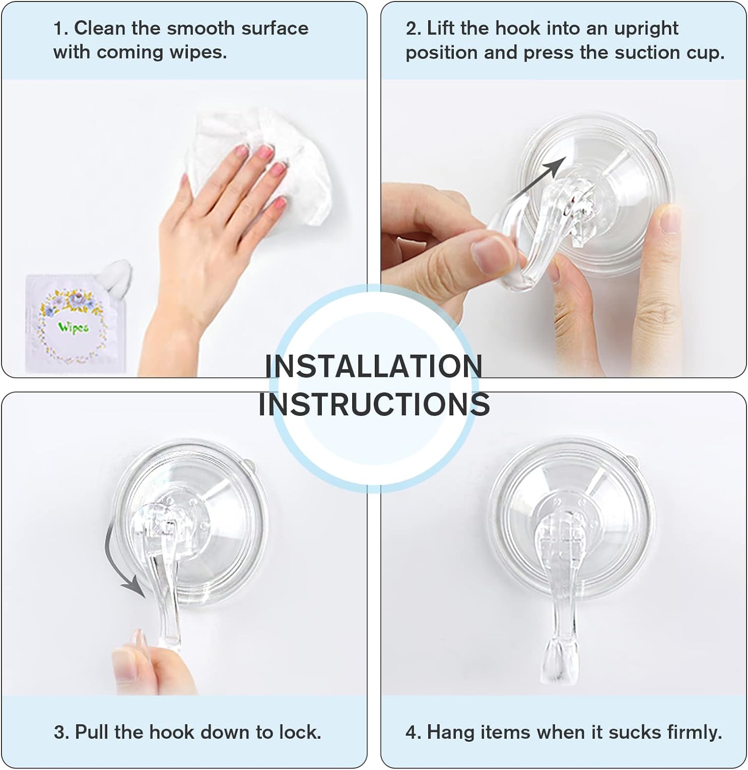 VIS'V Suction Cup Hooks - Heavy Duty Removable Shower Hooks | Clear, 4 Pack with Wipes