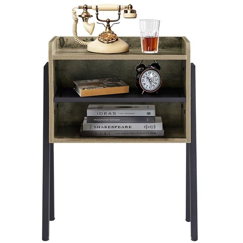VECELO Night Stand Industrial End Table,Bedside Table with 2-Tier Open Storage Compartments,Wood Side Table with Metal Frame for Bedroom, Living Room and Small Spaces