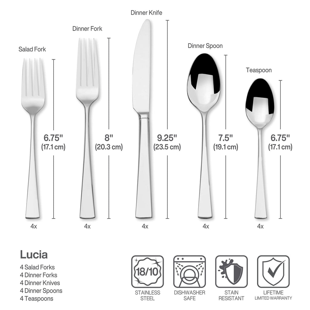 Mikasa Lucia 20-Piece Flatware Set, Service for 4, 18/10 Stainless Steel Silverware Set with Dinner Forks, Salad Forks, Knives, Spoons and Teaspoons, Dishwasher Safe