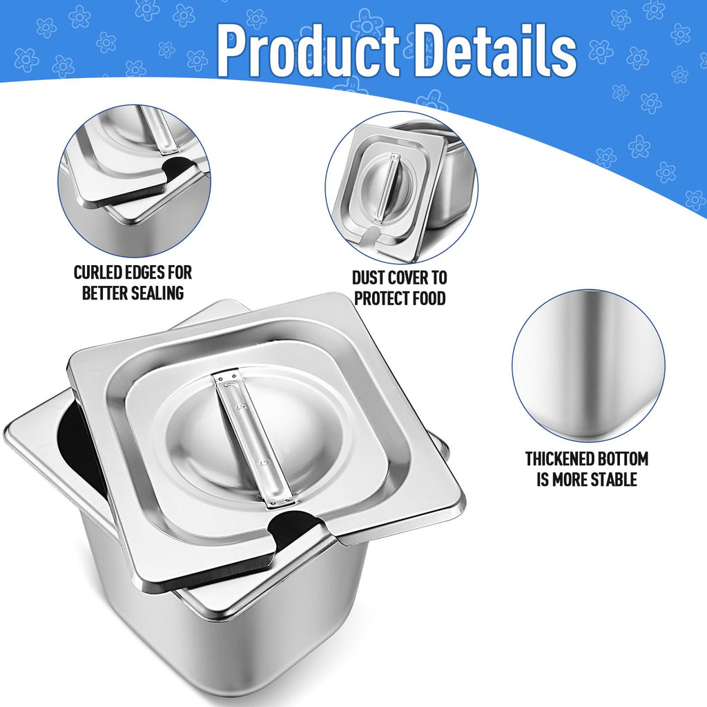 Maxcheck 12 Pcs Stainless Steel Hotel Pan with Lids 1/6 Size Chafing Steam Table Catering Pans with Notched Cover Commercial Stackable Metal Steamer for Buffet Party Storage Food(5.9 Inch)