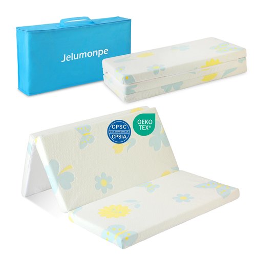 Jelumonpe Pack and Play Mattress 38"x26"x1.5",Trifold Portable Pack n Play Mattresses with Carry Bag，Waterproof Playpen Crib Mattress with Soft Breathable and Washable Cover for Baby Toddler/Flower