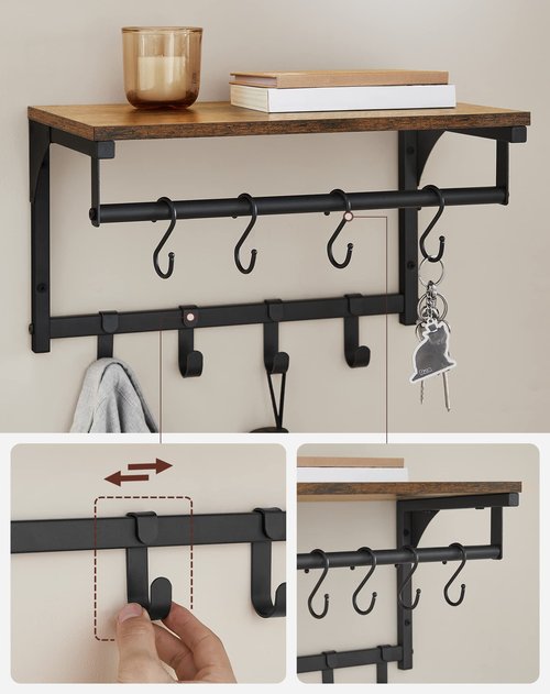 VASAGLE Laundry Room Shelf Wall Mounted, Coat Rack Shelf, with 8 Removable Hooks, for Entryway, Living Room, Kitchen, Bedroom, 15.7 x 9.4 x 9.4 Inches, Rustic Brown and Black ULCR103B01