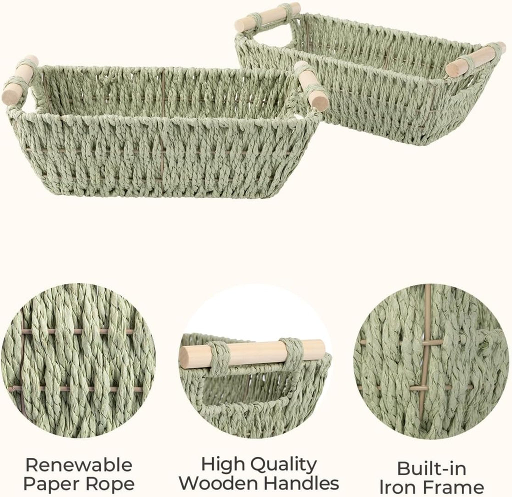 StorageWorks Round Woven Basket Set - Paper Rope with Wooden Handles | Bosana Green, 2-Pack