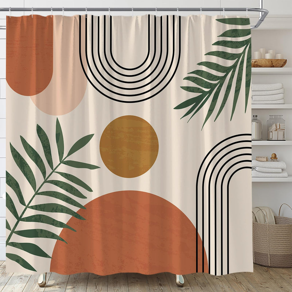 Mid Century Modern Shower Curtain Boho Beige Orange Abstract Retro Aesthetic Fabric for Bathroom Decor Bathtub with Hooks (70" WX70 H)