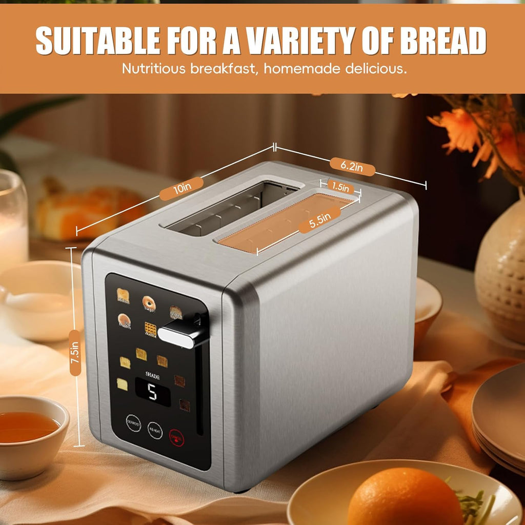WUNLY 2-Slice Toaster - Touchscreen Control & Digital Countdown Timer - 6 Shade Settings, Titanium