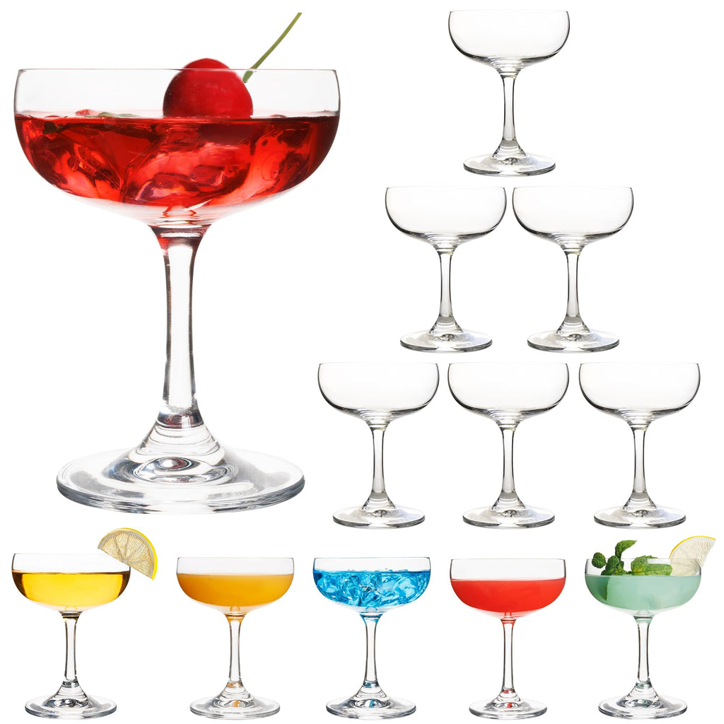 QOWOEO Set of 12 - Champagne Coupe Glasses, 7 Oz Clear Cut Rim Martini Glass with Short Stable Base, Ideal for Parties, Birthdays and Bars, Dishwasher safe