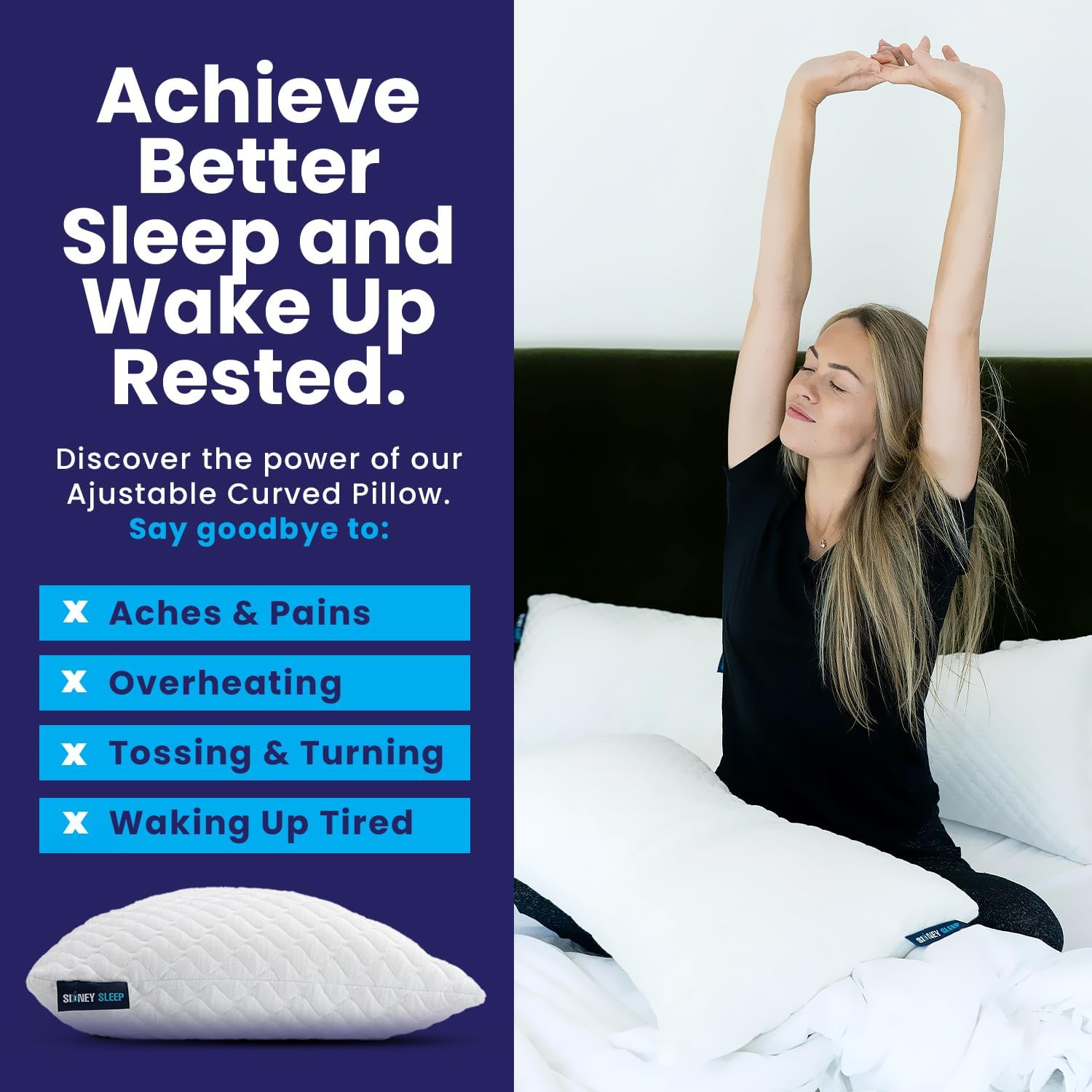 Sidney Sleep Adjustable Curved Contour Pillow - Queen Size | Neck & Shoulder Support for Side & Back Sleepers