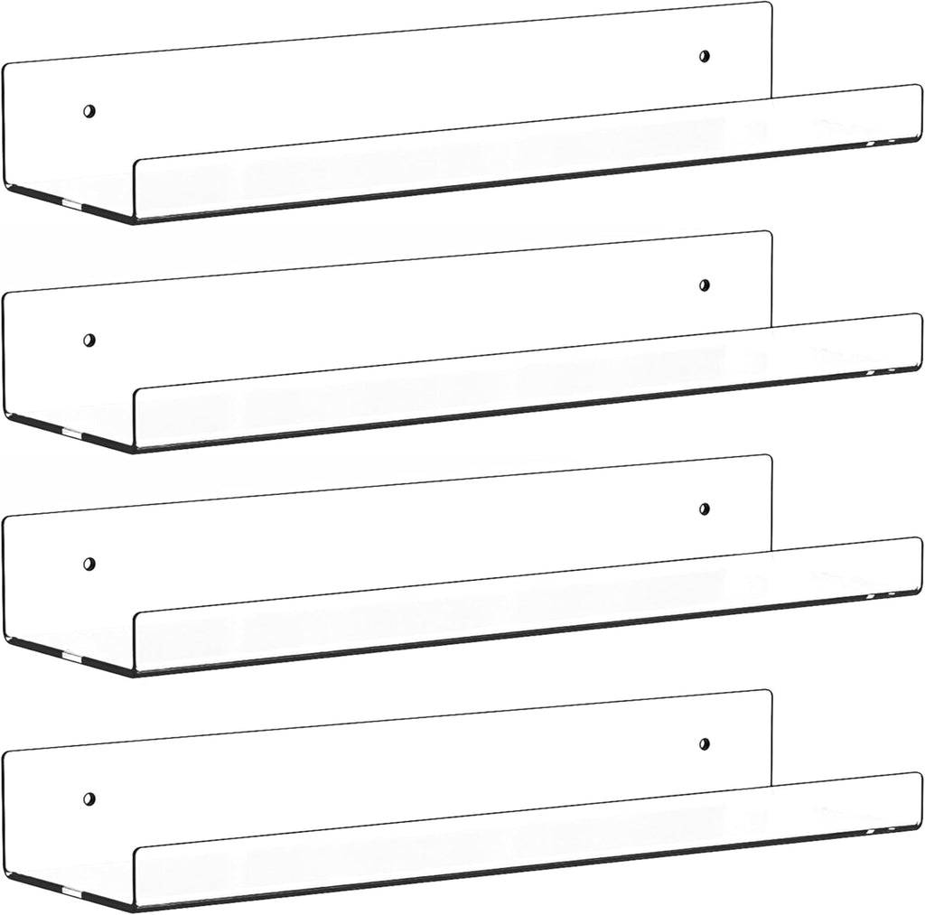 Skiennix 15-Inch Clear Acrylic Floating Shelves - Renter-Friendly Wall Display for Bathroom & Bedroom | 4 Pack