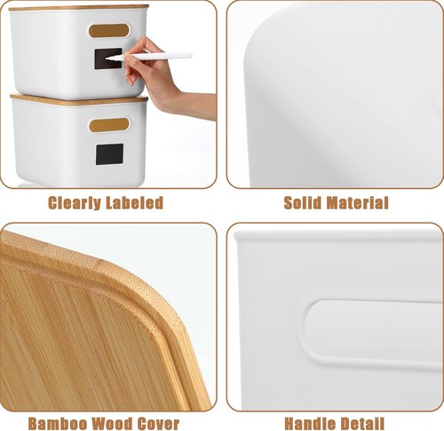 Geosar Storage Bins - 6 Pcs Stackable Plastic Containers with Bamboo Lids & Labels | 10.1x7x6.69 In (White)