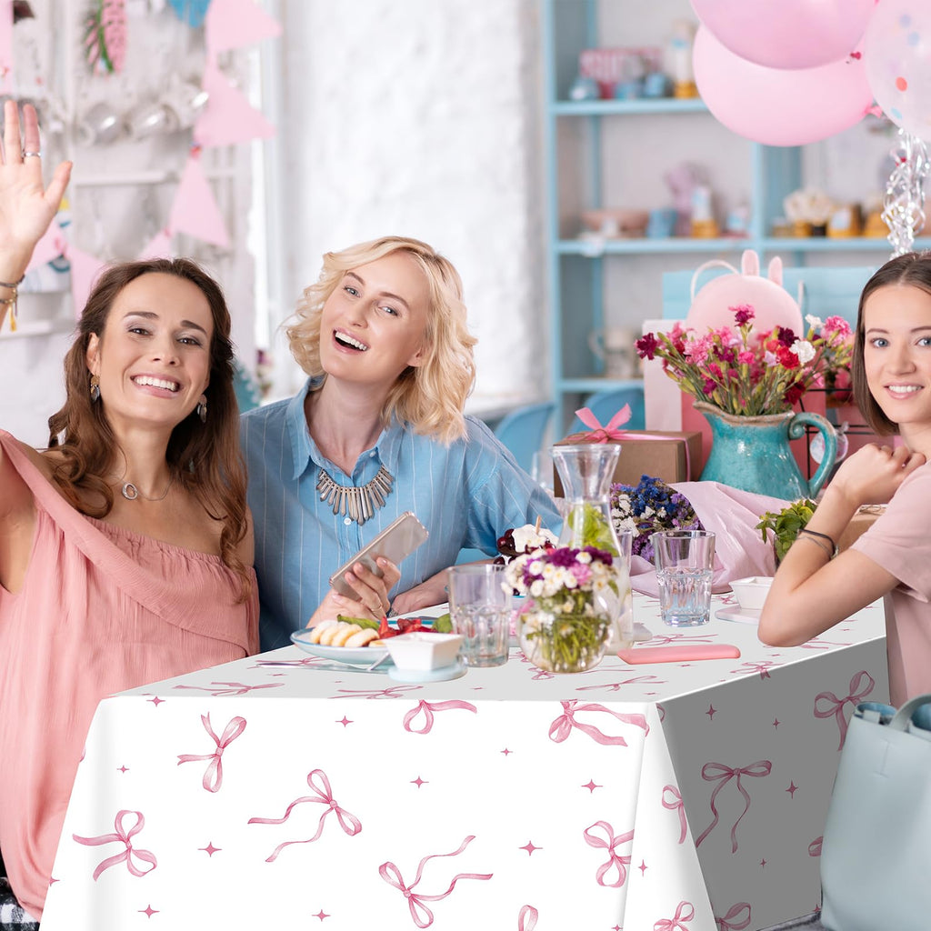 KEASKELL 3Pcs Coquette Party Tablecloths Decorations,Pink Bow Plastic Table Cover Disposable Rectangle Table Cloth for Girls Birthday Bridal Wedding Party Supplies,54x108 Inch