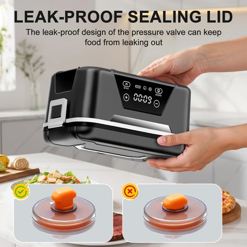 ISNIKA Cordless Heated Lunch Box For Adults, 1.5L (6 Cups) Rechargeable Electric Lunch Box Battery Powered With Scheduled Heating, Automatic Heating,Portable Food Warmer With Insulated Bag (Black)