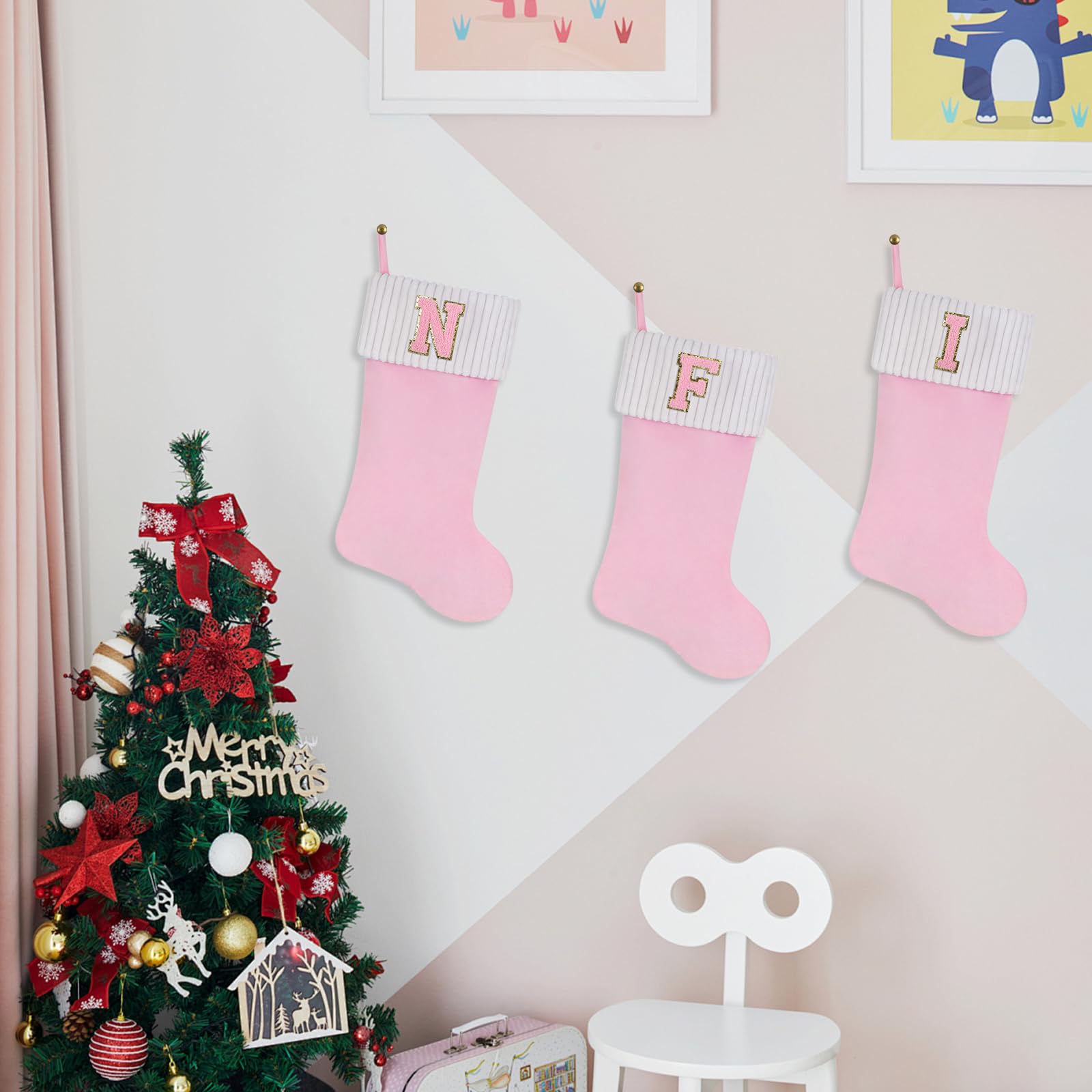 Shgngle 20 Inches Letter Embroidered Christmas Stocking,Personalized Pink Velvet Christmas Stocking,Family Holiday Decorations and Xmas Gift(M)