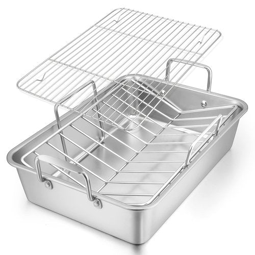 E-far Roasting Pan, 16 x 11.5 Inch Stainless Steel Turkey Roaster with V-shaped & Flat Rack, Non-toxic & Heavy Duty Deep Broiling Pan, Dishwasher Safe - Large