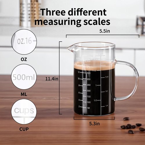 FrutPunch Glass Measuring Cup, 500ML (18OZ, 2 Cups), with Three Scales and V-Shaped Mouth Measuring Cup, High Borosilicate Glass Liquid Measuring Cups, Suitable for Kitchen and Restaurant.
