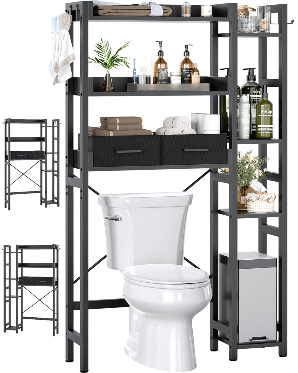 Besiost Over The Toilet Storage with 2 Drawers - 7 Tier Bathroom Organizer with Adjustable Shelf, Freestanding Space Saver Storage Rack Above Toilet Stand with 4 Hooks for Restroom, Laundry, Black