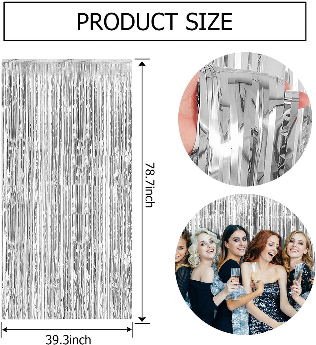 Skiennix Silver Backdrop Curtain - 2 Pack Foil Fringe Tinsel Streamers for Parties & Events