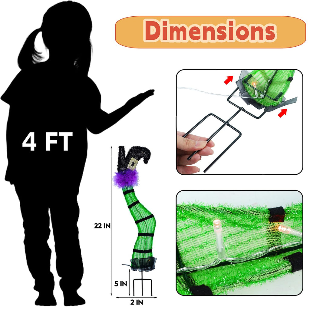 Juegoal Set of 2 Halloween Lighted Wicked Witch Legs with Stakes, 22" Light Up Tinsel Witch Prop, Halloween Yard Signs Timer & 8 Modes, Battery Operated for Outdoor Party Haunted House Garden Decor