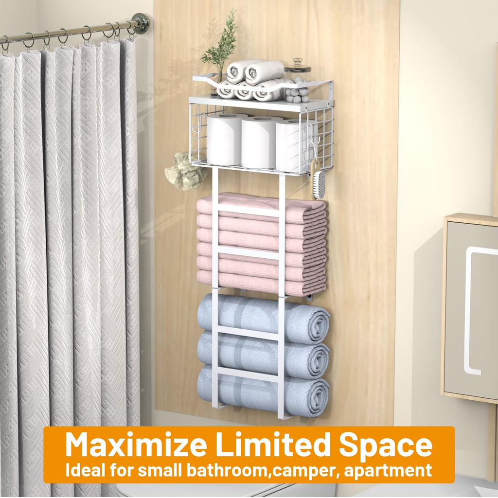 Towel Racks for Bathroom Wall Mounted, 4 tire Bath Towel Storage - with 2 Pack Towel Shelf and Floating Shelves Over Toilet, Rolled Towel Holder Shelf Organizer, Sturdy Metal & Wood, 34inch, White
