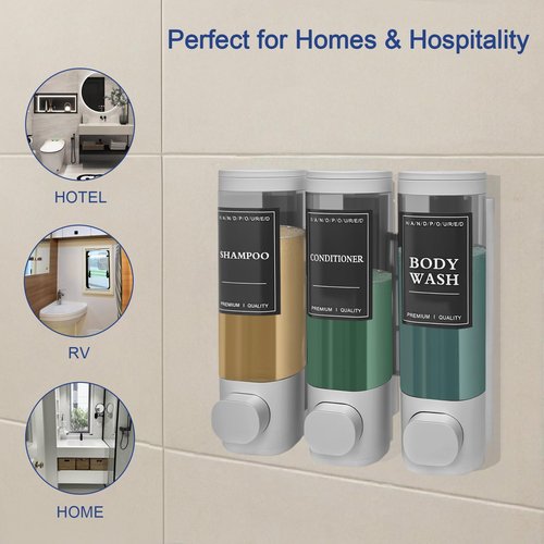 Emelunox 3-Chamber Wall Mount Shower Dispenser - No-Drill Adhesive or Drill Mount - Refillable Shampoo, Conditioner & Body Wash Dispenser for Home, RV & Hotel - Eco-Friendly & Compact (Silver)