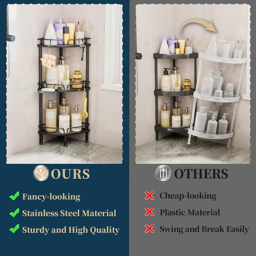 Consumest Corner Shower Caddy Stand - 3-Tier Organizer with Soap Holder & Adjustable Feet | Black