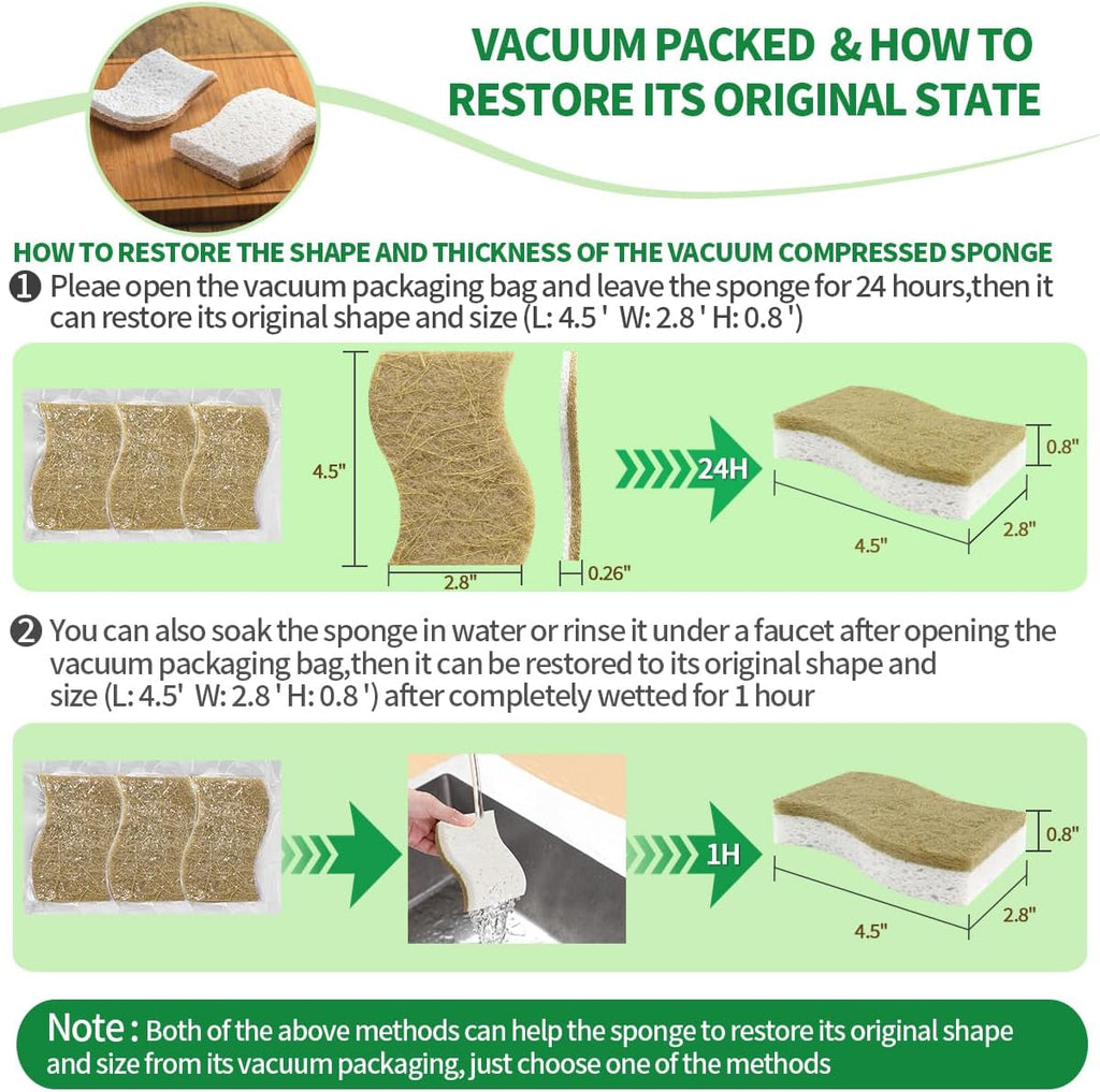 Natural Dish Sponges | Plant-Based Biodegradable Cellulose with Coconut Scrubber - Eco-Friendly (Pack of 12)