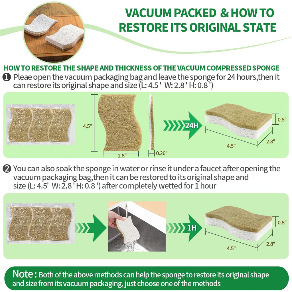 Sponges Kitchen Natural Dish Sponge Plant-Based Biodegradable Compostable Cellulose with Coconut Scrubber Sponge Non Scratch Eco Friendly Kitchen sponges for Kitchen Dishes（Pack of 12）