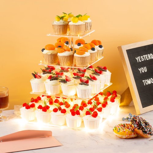 HENABLE 4 Tier Premium Cupcake Stand Cupcake Holder, Acrylic Cupcake Tower with LED Yellow Light for Cupcakes, Dessert Table Display Set for Birthday, Bar, Decor Weddings, Parties Events