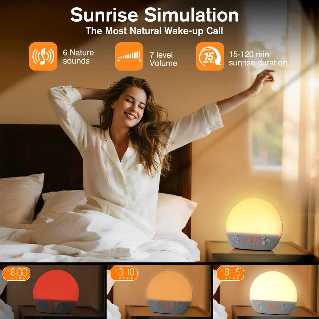 Wake up Light Sunrise Alarm Clock, Digital Alarm Clock Bedside Dimmable Night Light, White Noise Sound Machine 30 Soothing Sounds, Loud Alarm Clock for Heavy Sleepers Adults Kids, Ideal for Gift