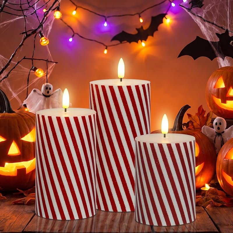 Variation of THIS listing: Christmas Flickering Red Stripes Glitter Flameless Candles, Battery Operated Pillar Real Wax LED with Remote Timer, 3-Set, Thin Red Stripes