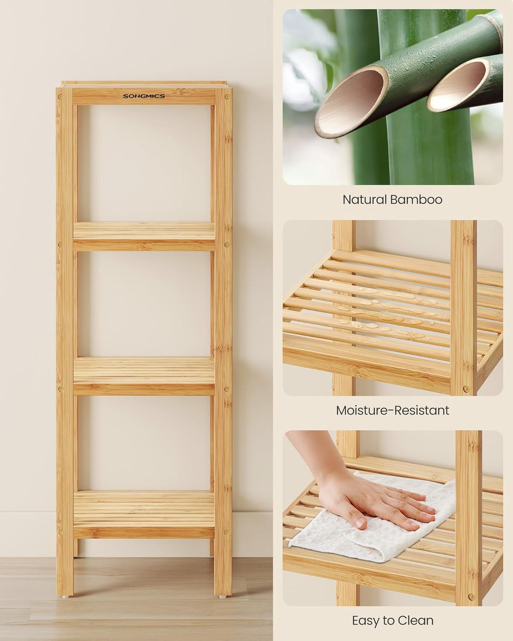 SONGMICS 4-Tier Bamboo Shelf - Versatile Narrow Bathroom & Corner Rack for Kitchen, Living Room, Bedroom