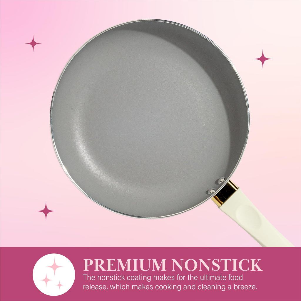 Paris Hilton Epic Nonstick Pots and Pans Set, Multi-layer Nonstick Coating, Tempered Glass Lids, Soft Touch, Stay Cool Handles, Made without PFOA, Dishwasher Safe Cookware Set, 12-Piece, Cream