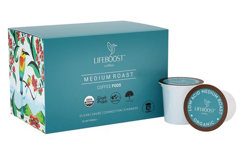 Lifeboost Medium Roast Coffee K-Cups - Low Acid, Mold-Free, Organic Pods | Compatible with Keurig - 10 Count