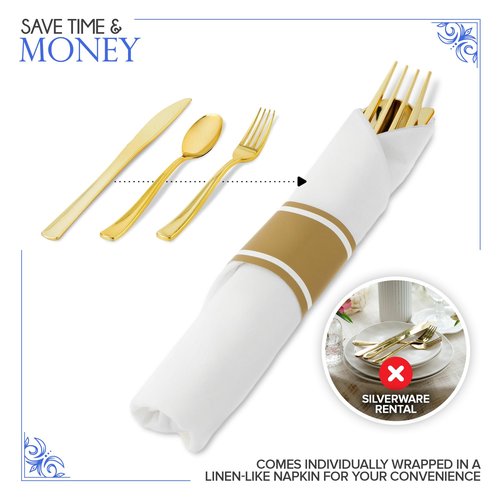 100 Pack Pre Rolled Gold Plastic Cutlery Set, Individually Wrapped Plastic Silverware Set with 100 Forks, 100 Knives, 100 Spoons, 100 Napkins, Disposable Utensils for Party and Wedding
