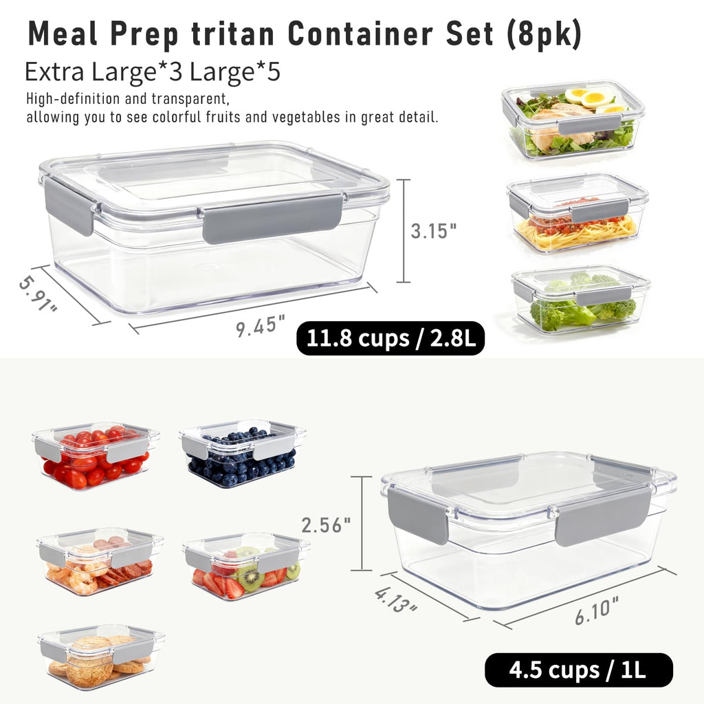 HOME BREEZE 2.8L Tritan Plastic Food Storage Containers, Airtight Tritan Plastic Locking for Fridge Freezer, Meal Prep, Deli Meat, Snacks, 8 Containers with Lids, 16 pieces, Extra Large, Clear
