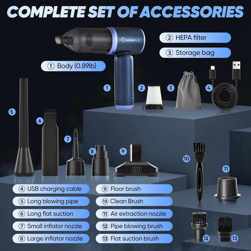 SakerPlus Car Vacuum Cleaner - 3-in-1 Cordless Handheld with 13000Pa Power | Adjustable & Portable for Cars