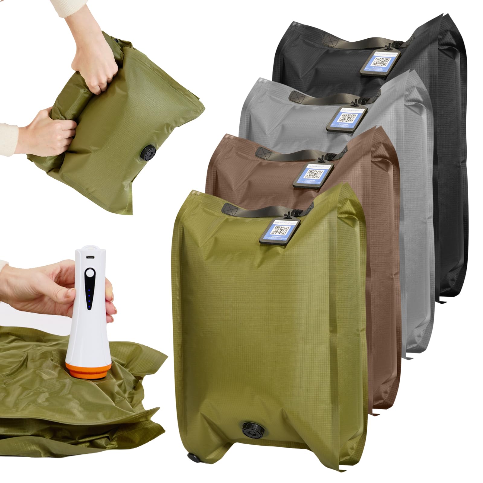 Bfhosehold Heavy Duty Vacuum Storage Bags with Electric Pump & Hand Compression, 4 Pack Vacuum Seal Bags for Clothing, Bedding, Space Saver Bags Includes Smart QR Code for Inventory Tracking