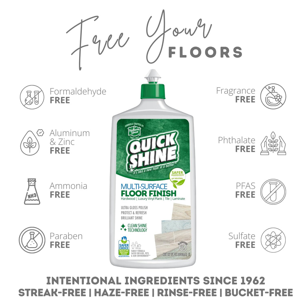 Quick Shine Multi-Surface Floor Finish-Polish 27oz-2pk | Safer Choice, No PFAS, pH Neutral Clean Shine Technology | Squirt & Spread | For Wood, Laminate, LVP, LVT, Tile & Stone | Made in USA