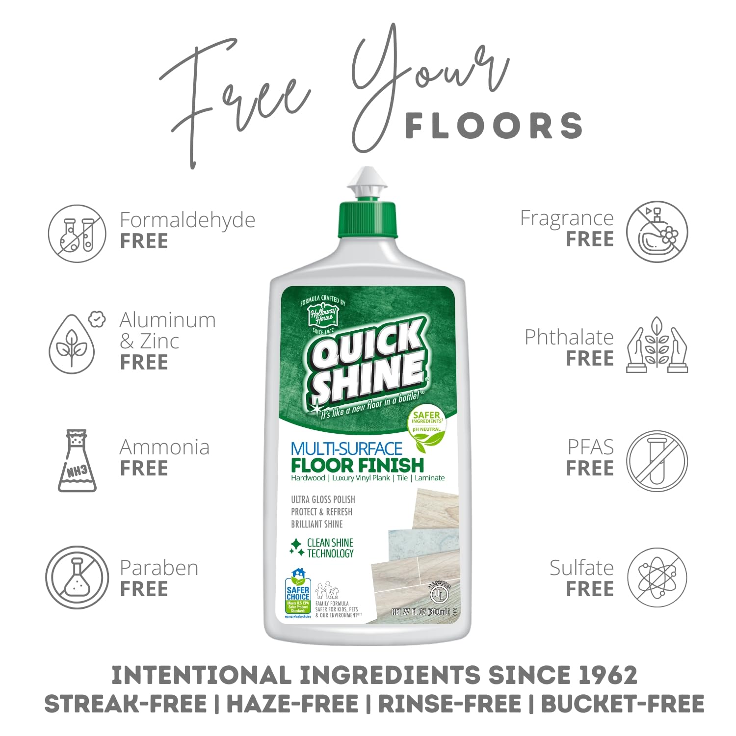 Quick Shine Multi-Surface Floor Finish-Polish 27oz-2pk | Safer Choice, No PFAS, pH Neutral Clean Shine Technology | Squirt & Spread | For Wood, Laminate, LVP, LVT, Tile & Stone | Made in USA