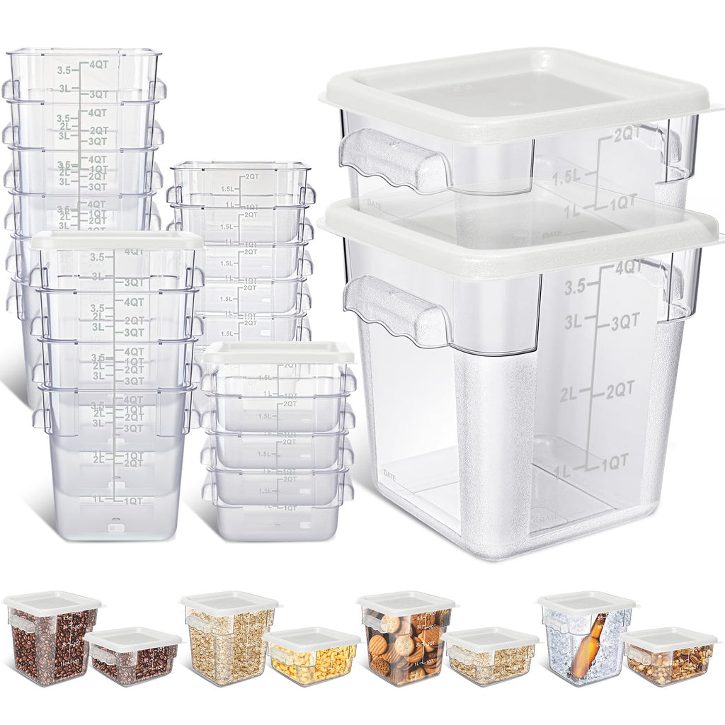 Yungyan 16 Pcs Restaurant Food Storage Containers with Lids Set 2Qt and 4Qt Commercial Restaurant Square Storage Containers Clear Food Cereal Container for Kitchen Freezer (White Lids)