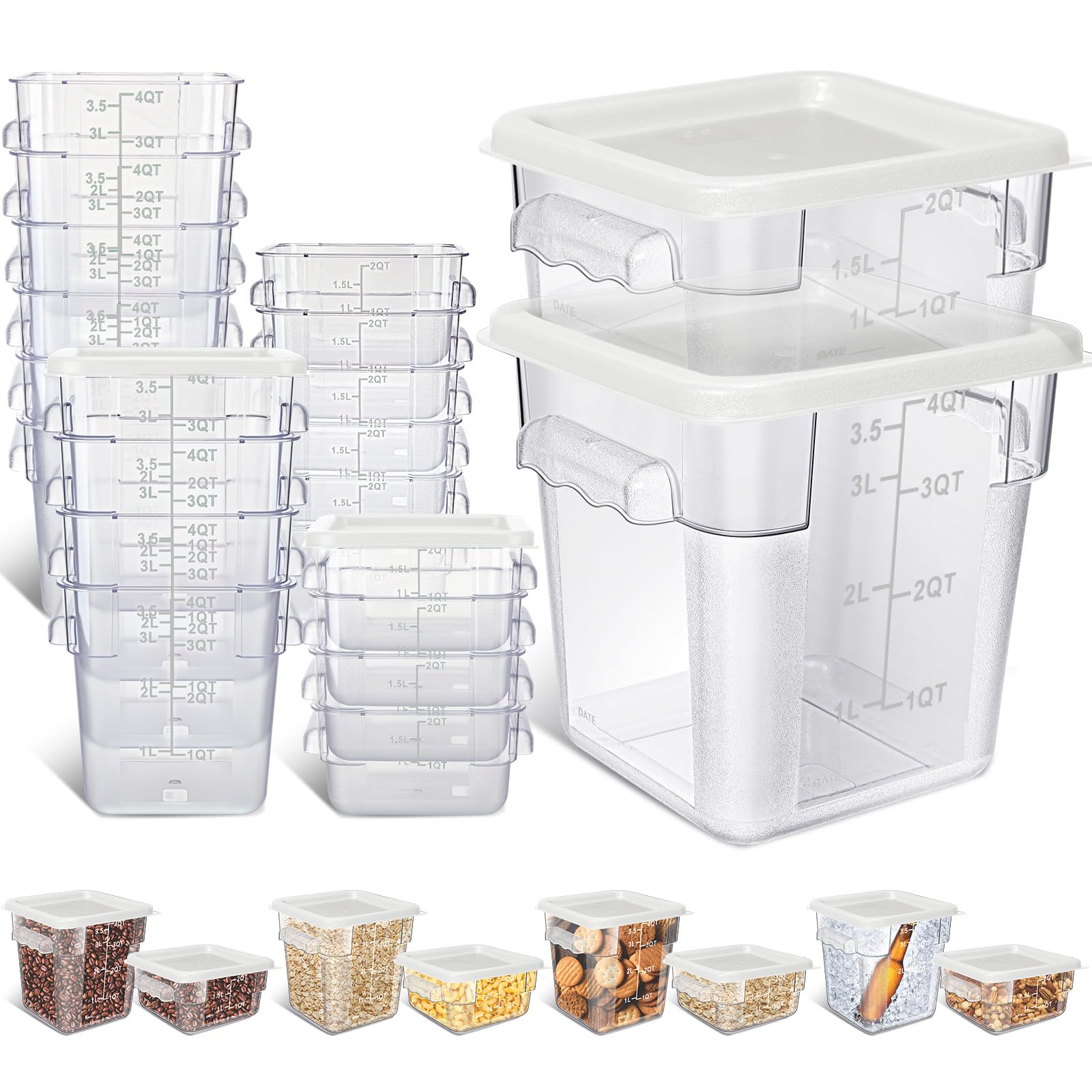 Yungyan 16 Pcs Restaurant Food Storage Containers with Lids Set 2Qt and 4Qt Commercial Restaurant Square Storage Containers Clear Food Cereal Container for Kitchen Freezer (White Lids)