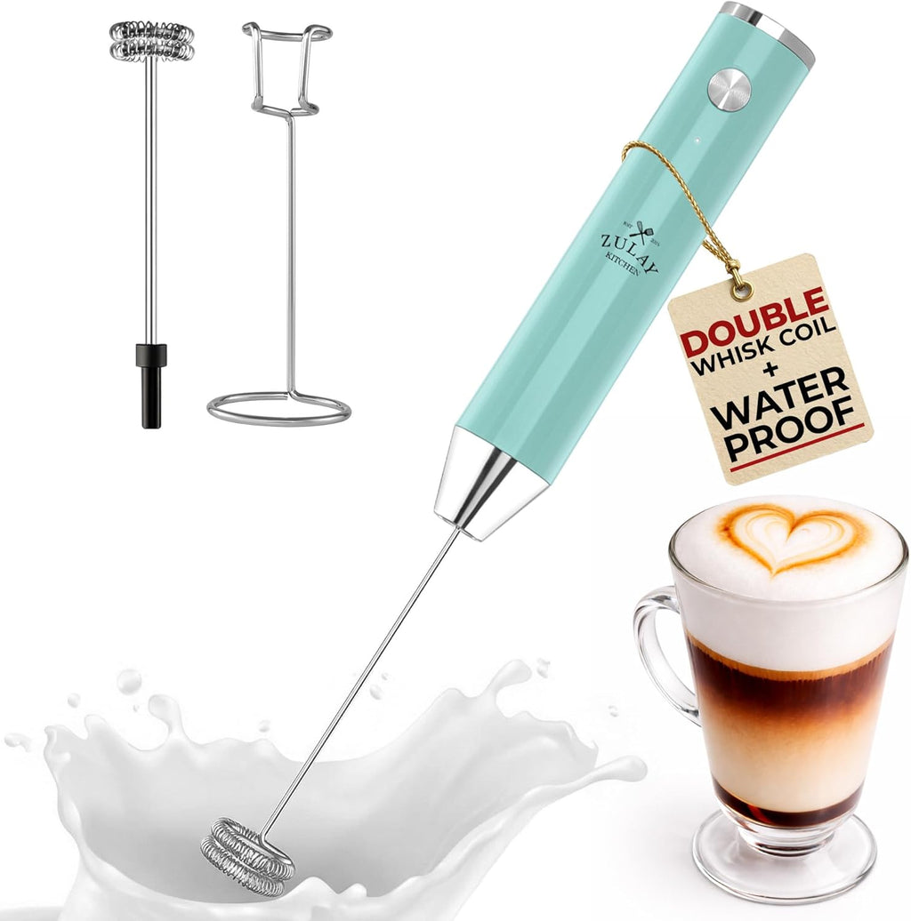 Zulay Kitchen Rechargeable Milk Frother - Powerful 2-Speed Motor, Waterproof Design | 2000mAh Battery - Sky Blue Drink Mixer for Lattes, Cappuccinos, Matcha & Protein Powder