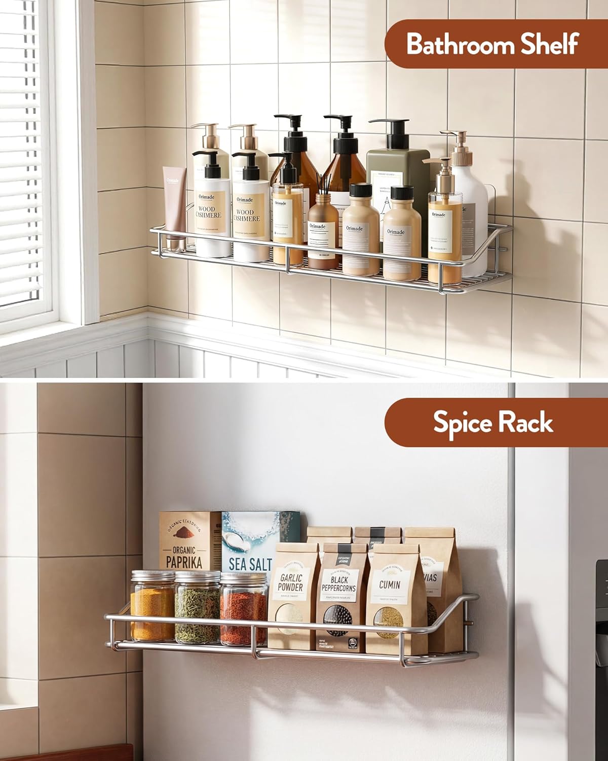 Orimade Bathroom Shelf Organizer - Traceless Adhesive Shower Caddy | 15.75 Inch Silver SUS304 Stainless Steel