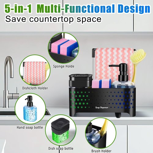 Kitchen Soap Dispenser Set, Sponge Holder for Kitchen Sink, Hand and Dish Soap Dispenser with Sink Caddy - 5-in-1 Design, Non-Slip Drainage Water Kitchen Sink Organizer (Black)