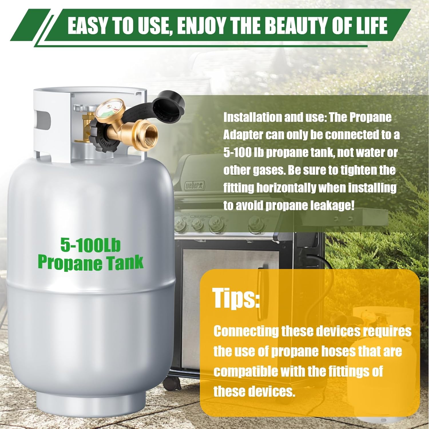 Skiennix 100 lb Propane Tank Adapter - POL to QCC1 Connection with Built-In Gauge for Easy Monitoring