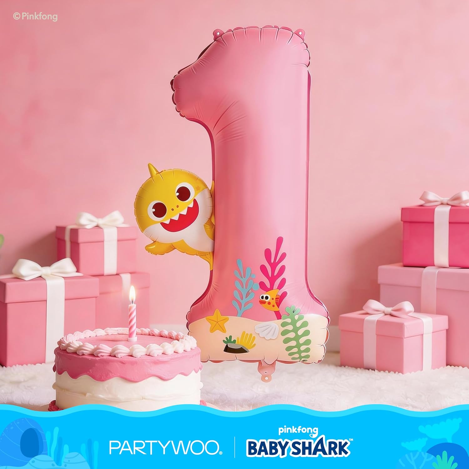 PartyWoo Baby Shark Pink Foil Number 1 Balloon - 40 Inch Mylar Helium Birthday Decoration for Kids