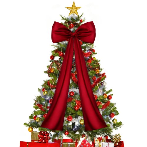 JOICEE Extra Large Christmas Tree Topper Bow, 20 x 47 Inches Christmas Wine Red Stain Bow Giant Xmas Wreath Bows Decorations for Tree Topper Door Home Wall Party Holiday Birthday Wedding Decor